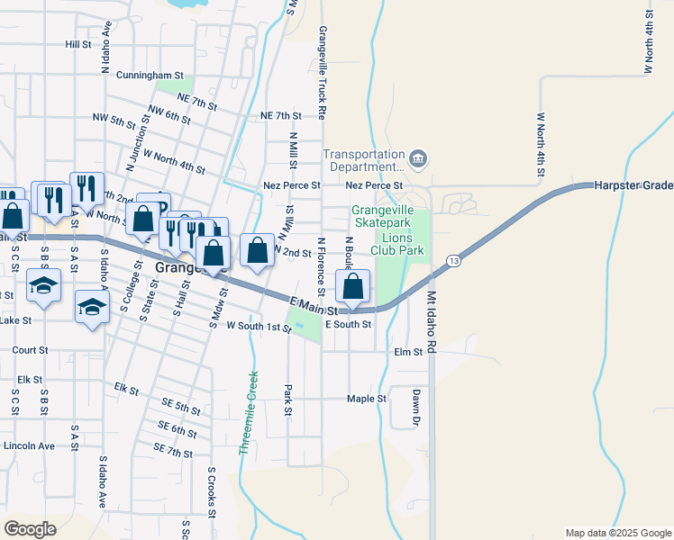map of restaurants, bars, coffee shops, grocery stores, and more near 201-213 North Florence Street in Grangeville