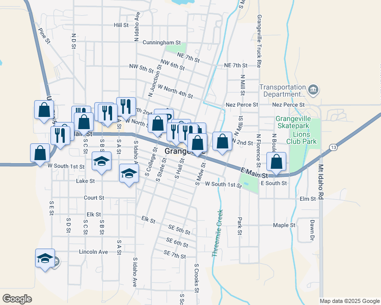 map of restaurants, bars, coffee shops, grocery stores, and more near in Grangeville