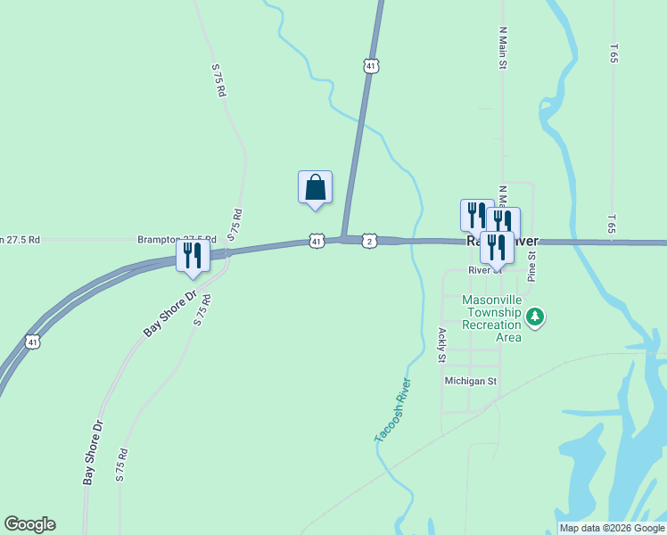 map of restaurants, bars, coffee shops, grocery stores, and more near 8596 U.S. 2 in Rapid River