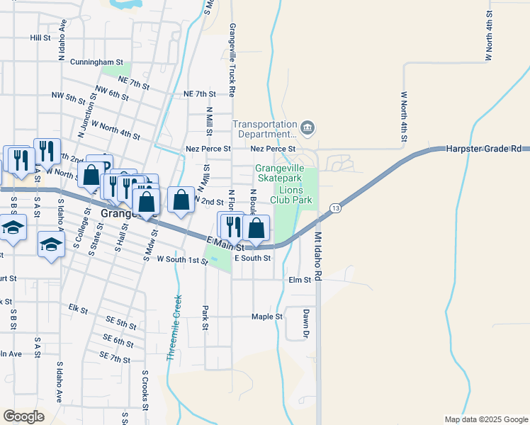 map of restaurants, bars, coffee shops, grocery stores, and more near 321 North Boulevard Street in Grangeville