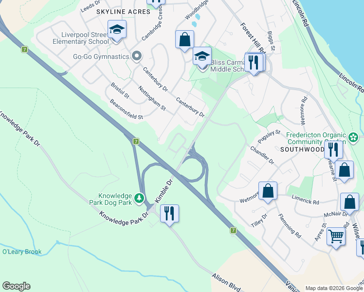 map of restaurants, bars, coffee shops, grocery stores, and more near Huntingdon Circle in Fredericton