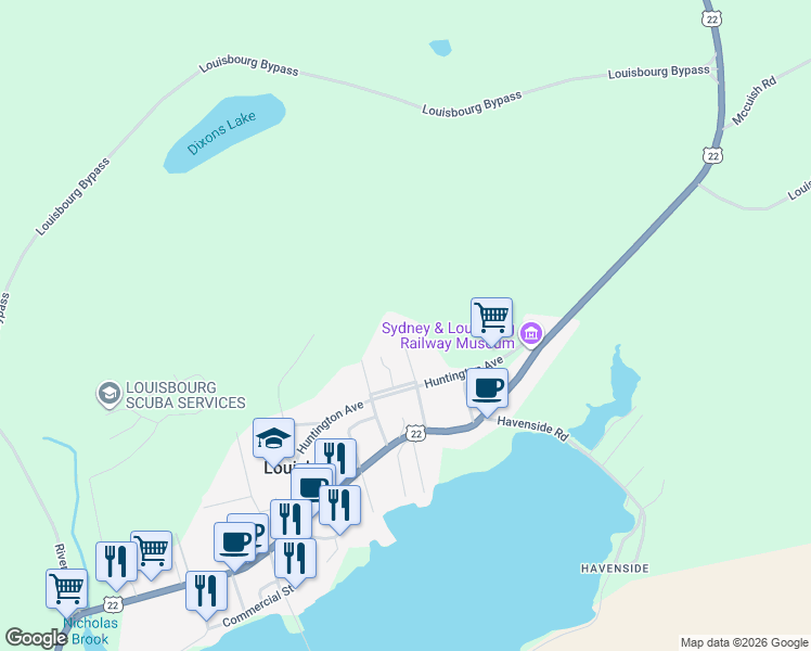 map of restaurants, bars, coffee shops, grocery stores, and more near 52 Pepperell Street in Louisbourg