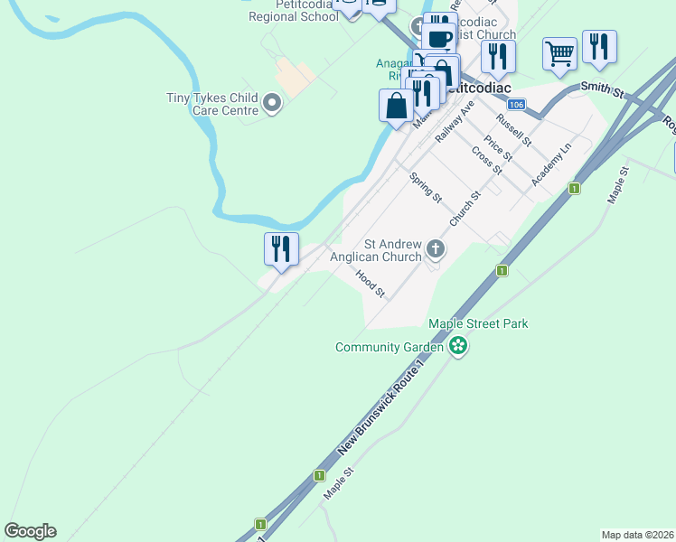 map of restaurants, bars, coffee shops, grocery stores, and more near 58 Connor Street in Petitcodiac