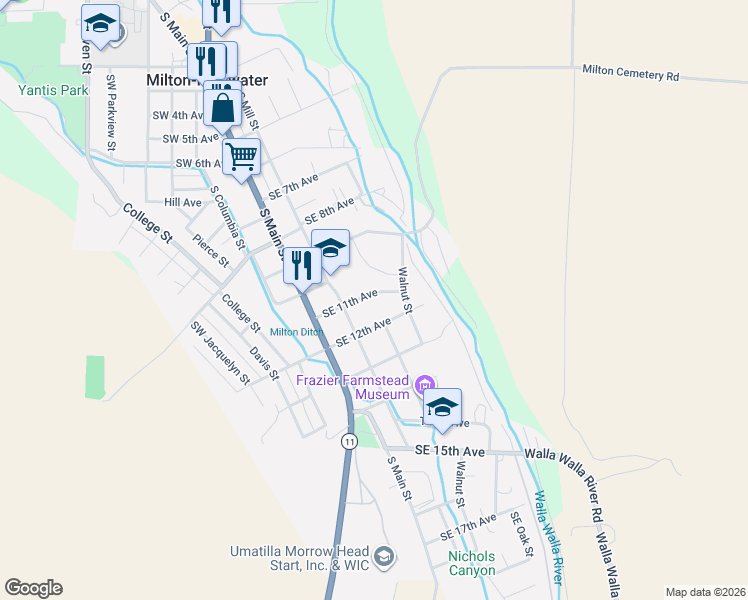 map of restaurants, bars, coffee shops, grocery stores, and more near 125 Southeast 12th Avenue in Milton-Freewater