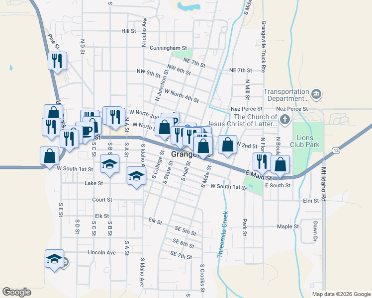 map of restaurants, bars, coffee shops, grocery stores, and more near 132 Idaho 13 in Grangeville