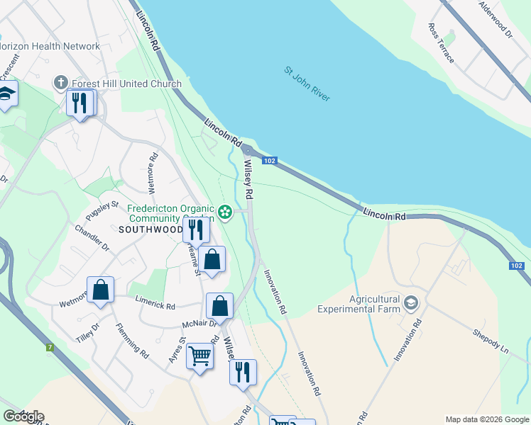 map of restaurants, bars, coffee shops, grocery stores, and more near 126 Wilsey Road in Fredericton