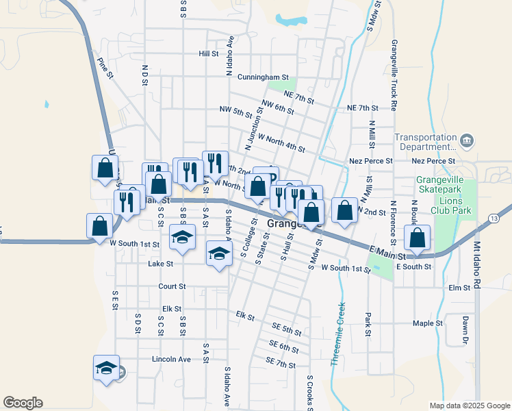 map of restaurants, bars, coffee shops, grocery stores, and more near in Grangeville