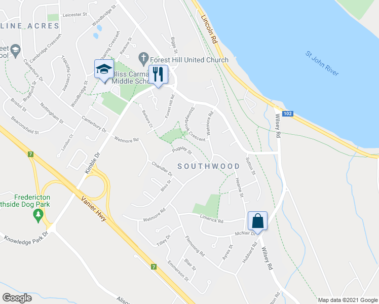 map of restaurants, bars, coffee shops, grocery stores, and more near Pugsley Street in Fredericton