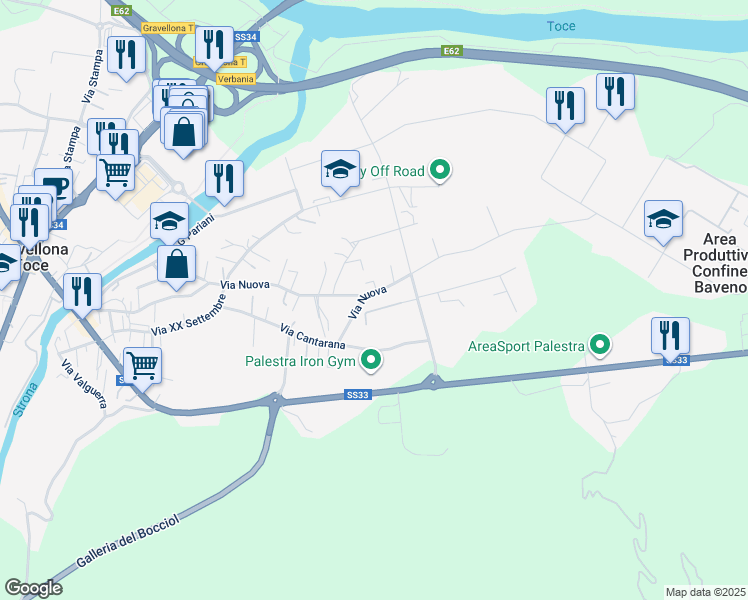 map of restaurants, bars, coffee shops, grocery stores, and more near 109A Via Nuova in Gravellona Toce