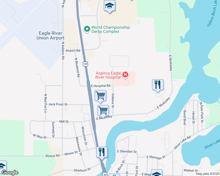 map of restaurants, bars, coffee shops, grocery stores, and more near 150 East Hospital Road in Eagle River