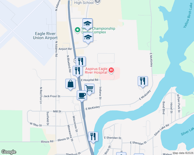 map of restaurants, bars, coffee shops, grocery stores, and more near 150 East Hospital Road in Eagle River