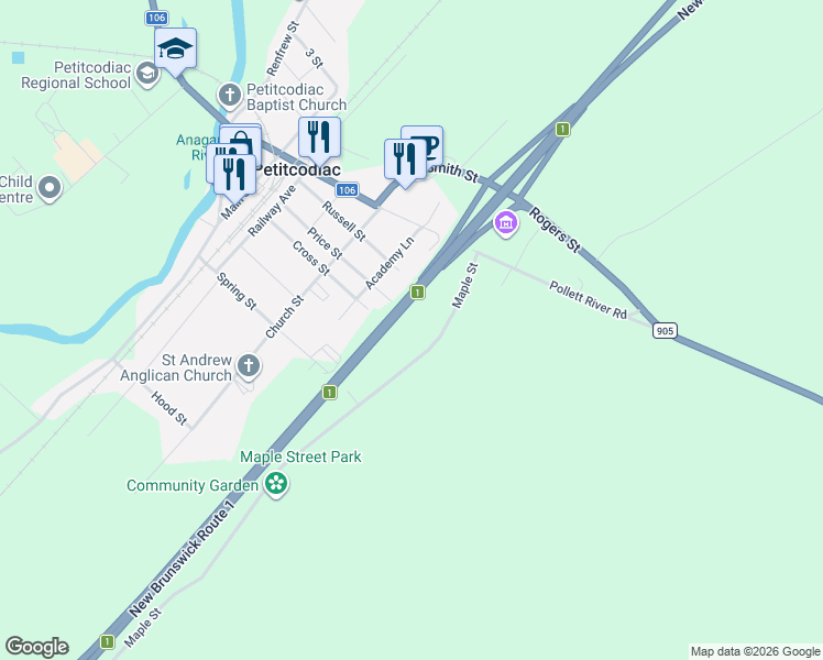 map of restaurants, bars, coffee shops, grocery stores, and more near 11 Maple Street in Petitcodiac