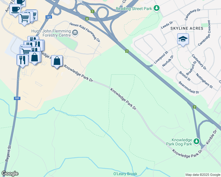 map of restaurants, bars, coffee shops, grocery stores, and more near Knowledge Park Drive in Fredericton
