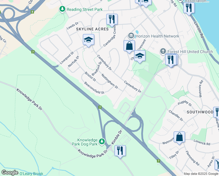 map of restaurants, bars, coffee shops, grocery stores, and more near 245 Beaconsfield Street in Fredericton
