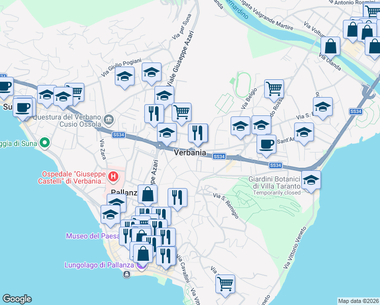 map of restaurants, bars, coffee shops, grocery stores, and more near in Verbania