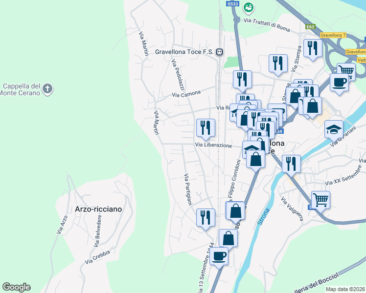 map of restaurants, bars, coffee shops, grocery stores, and more near 49 Via Liberazione in Gravellona Toce
