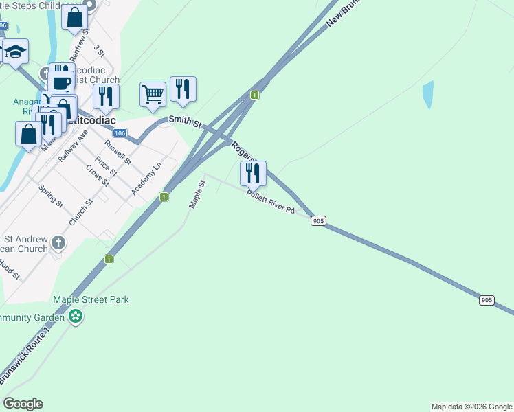 map of restaurants, bars, coffee shops, grocery stores, and more near 73 Pollett River Road in Petitcodiac