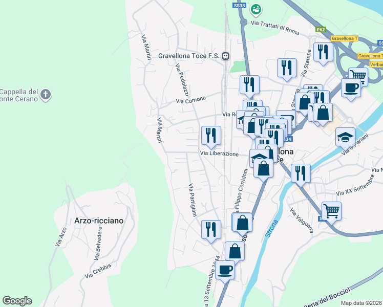 map of restaurants, bars, coffee shops, grocery stores, and more near 49 Via Liberazione in Gravellona Toce