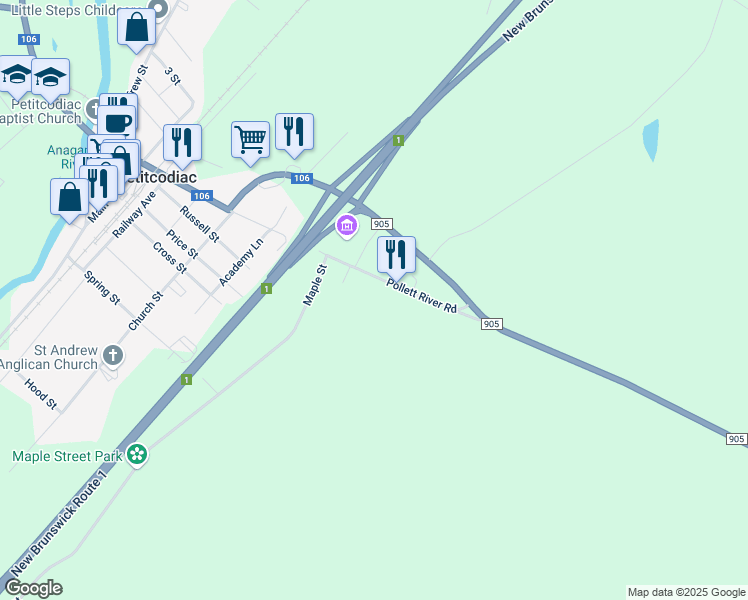 map of restaurants, bars, coffee shops, grocery stores, and more near 67 Pollett River Road in Petitcodiac