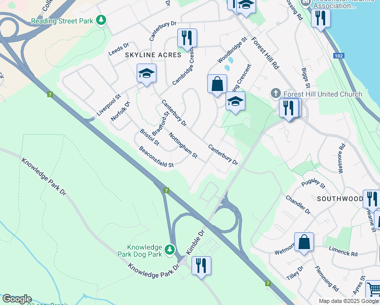 map of restaurants, bars, coffee shops, grocery stores, and more near 110 Nottingham Street in Fredericton
