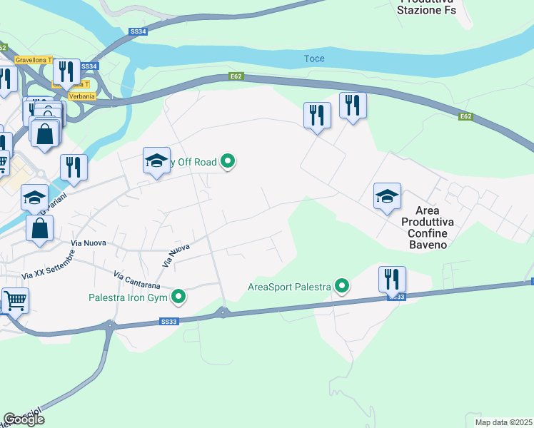 map of restaurants, bars, coffee shops, grocery stores, and more near 154 Via Nuova in Gravellona Toce