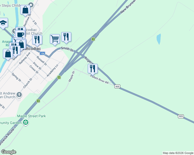 map of restaurants, bars, coffee shops, grocery stores, and more near 73 Pollett River Road in Petitcodiac