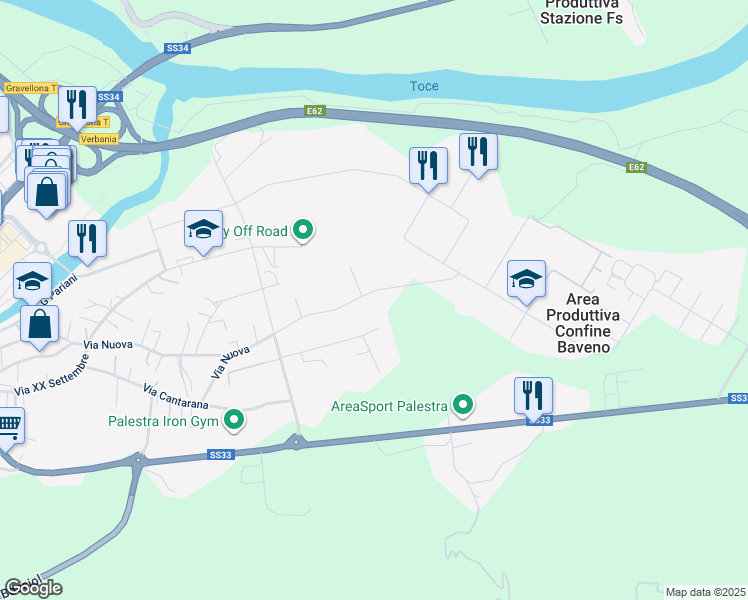map of restaurants, bars, coffee shops, grocery stores, and more near 154 Via Nuova in Gravellona Toce
