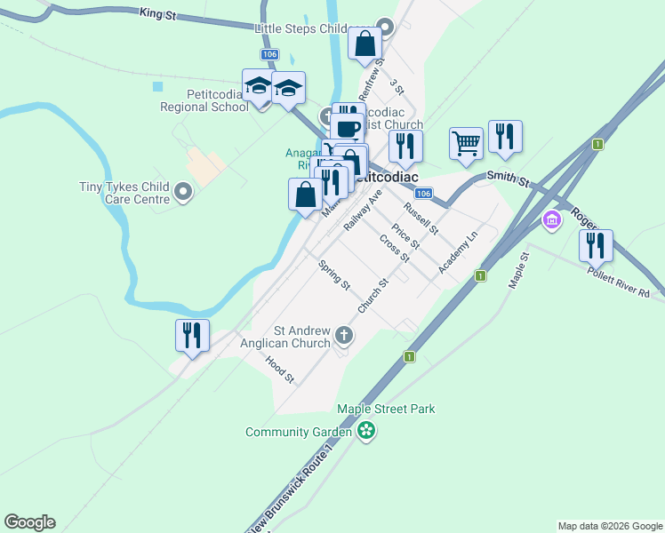 map of restaurants, bars, coffee shops, grocery stores, and more near 7 Spring Street in Petitcodiac