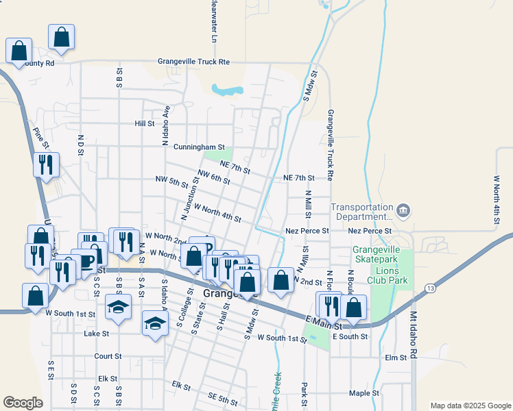map of restaurants, bars, coffee shops, grocery stores, and more near 618 North Hall Street in Grangeville