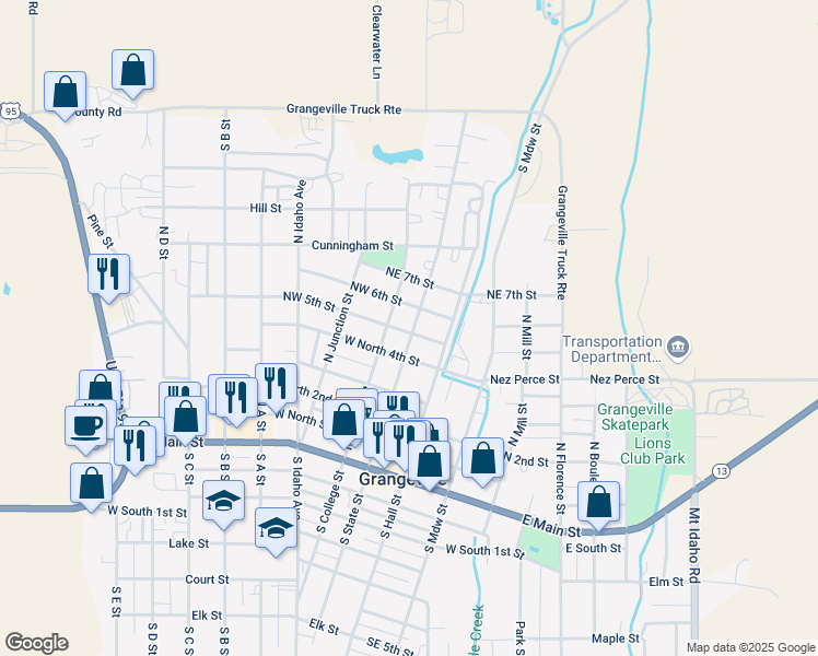 map of restaurants, bars, coffee shops, grocery stores, and more near 602 North State Street in Grangeville