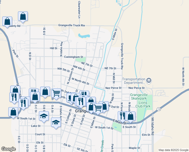 map of restaurants, bars, coffee shops, grocery stores, and more near 618 North Hall Street in Grangeville