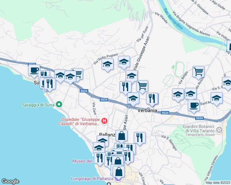 map of restaurants, bars, coffee shops, grocery stores, and more near 43 Via Crocetta in Pallanza