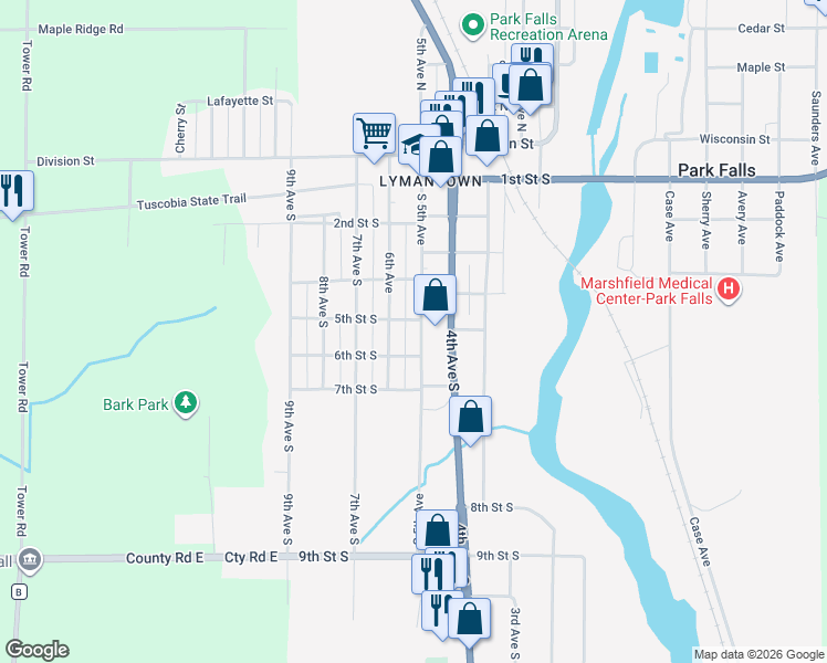 map of restaurants, bars, coffee shops, grocery stores, and more near 630 South 5th Avenue in Park Falls