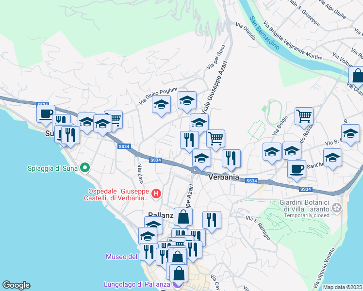 map of restaurants, bars, coffee shops, grocery stores, and more near 43 Via Crocetta in Pallanza