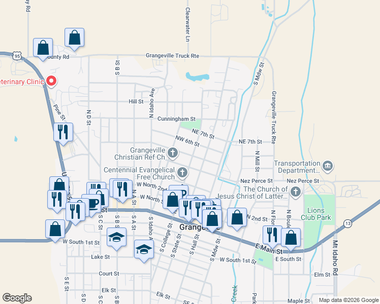 map of restaurants, bars, coffee shops, grocery stores, and more near 311 Northwest 5th Street in Grangeville