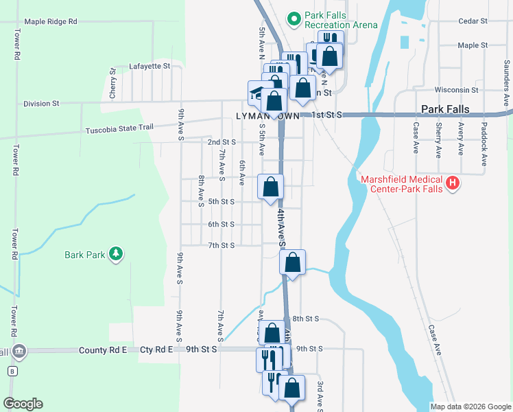 map of restaurants, bars, coffee shops, grocery stores, and more near 630 South 5th Avenue in Park Falls