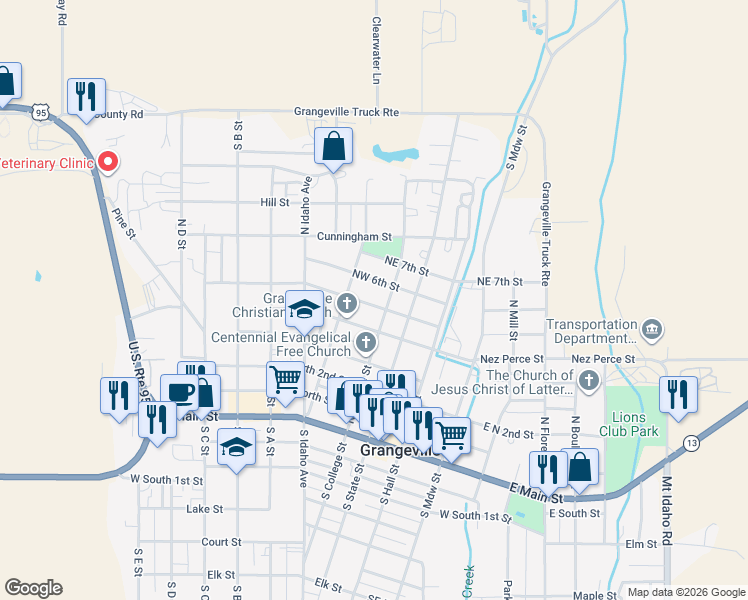 map of restaurants, bars, coffee shops, grocery stores, and more near 311 Northwest 5th Street in Grangeville