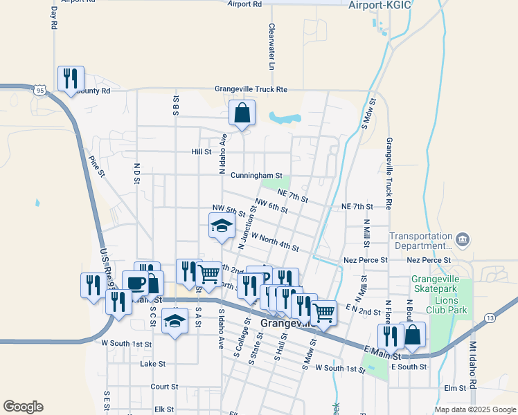 map of restaurants, bars, coffee shops, grocery stores, and more near 320 Northwest 7th Street in Grangeville