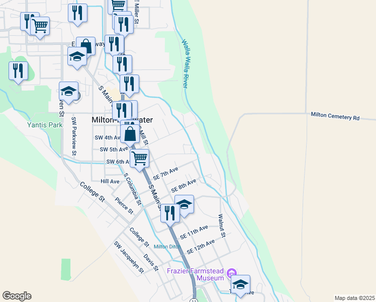 map of restaurants, bars, coffee shops, grocery stores, and more near 216 Southeast 5th Avenue in Milton-Freewater