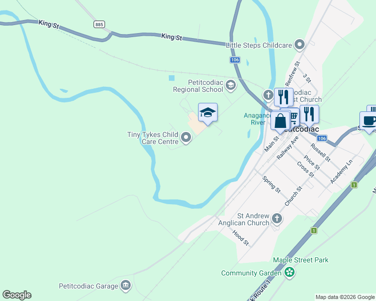 map of restaurants, bars, coffee shops, grocery stores, and more near in Petitcodiac