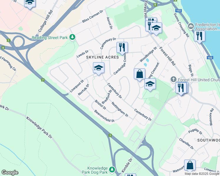 map of restaurants, bars, coffee shops, grocery stores, and more near 523 Canterbury Drive in Fredericton