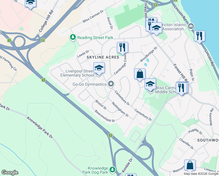 map of restaurants, bars, coffee shops, grocery stores, and more near 523 Canterbury Drive in Fredericton