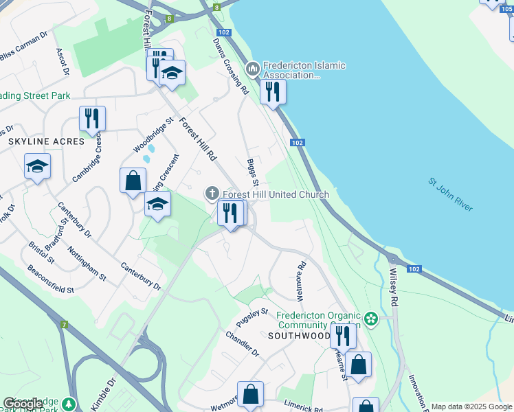 map of restaurants, bars, coffee shops, grocery stores, and more near 169 Biggs Street in Fredericton