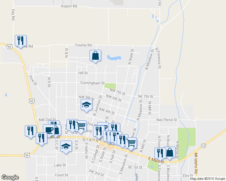 map of restaurants, bars, coffee shops, grocery stores, and more near 320 Northwest 7th Street in Grangeville