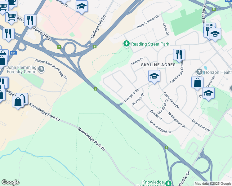 map of restaurants, bars, coffee shops, grocery stores, and more near Southampton Drive in Fredericton