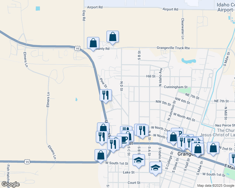 map of restaurants, bars, coffee shops, grocery stores, and more near 702 North D Street in Grangeville