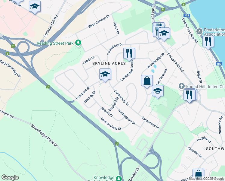map of restaurants, bars, coffee shops, grocery stores, and more near 499 Canterbury Drive in Fredericton