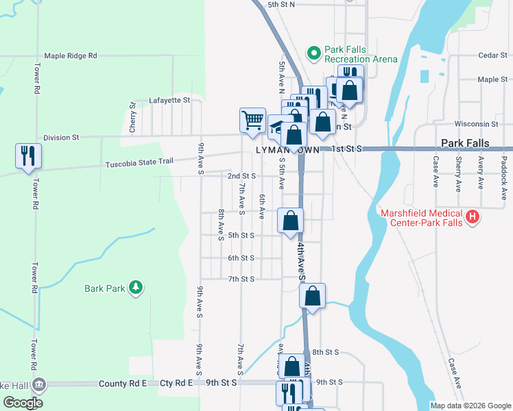map of restaurants, bars, coffee shops, grocery stores, and more near 484 6th Avenue in Park Falls