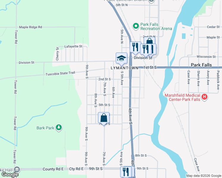 map of restaurants, bars, coffee shops, grocery stores, and more near 484 6th Avenue in Park Falls