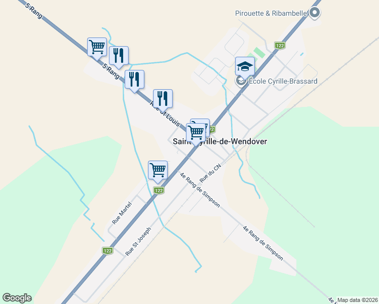 map of restaurants, bars, coffee shops, grocery stores, and more near 4195 Rue Principale in Saint-Cyrille-de-Wendover